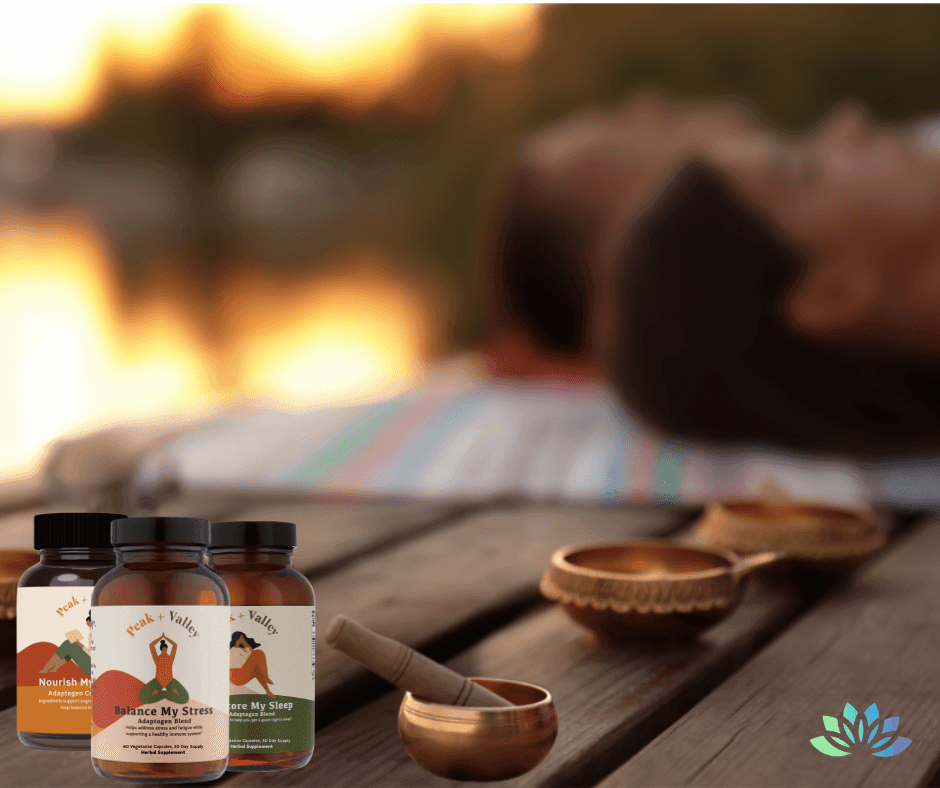 Peak and Valley supplement bottles on a deck with wellkasa logo and 2 women lying down