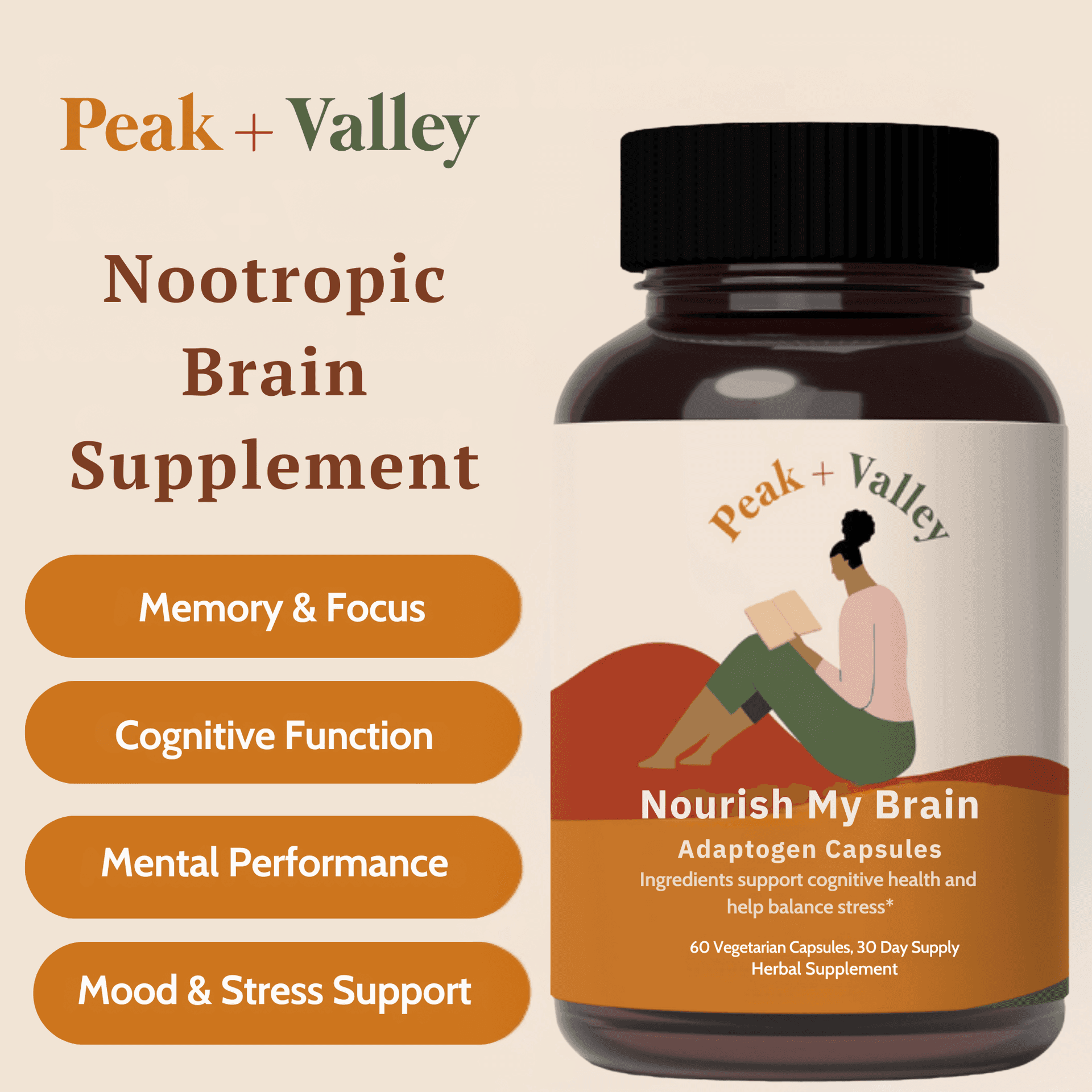 Peak+Valley nourish your brain nootropic brain supplement bottle with benefits